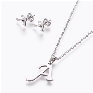 Letter 'A' Pendant Necklace and Earrings Set
